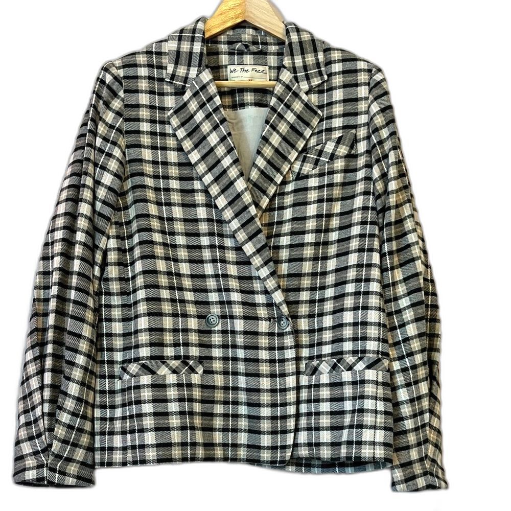 Free People We the Free Luminary Plaid Flannel Blazer XS Black Boho Academia